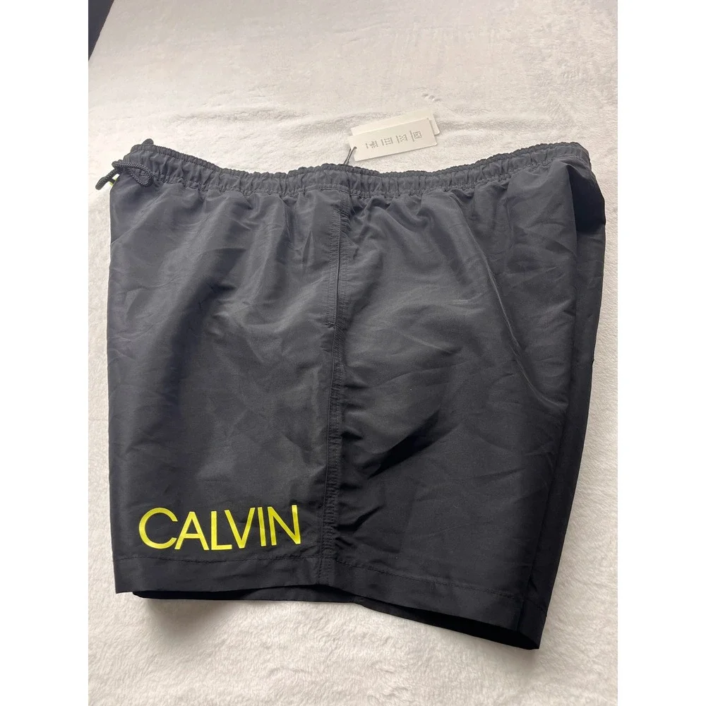 Calvin Klein Swim Trunks Men 2XL Black Yellow Logo Quick Dry UPF 40+ Shorts  NEW